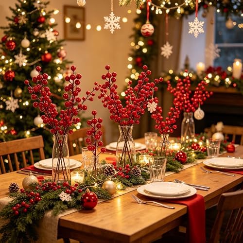 DR.DUDU 48 Pack Red Berry Stems for Christmas Tree Decor, 8 Inch