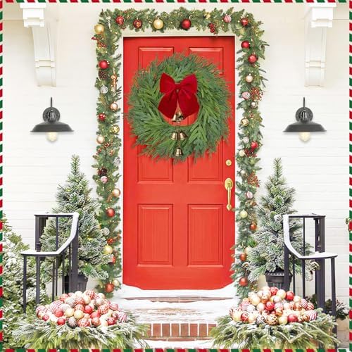 22" Christmas Norfolk Pine Wreath with Bow & Bells for Front Door Decor