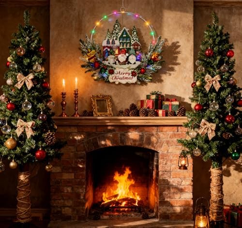 Christmas Rustic Wreath for Front Door, Artificial Xmas Wreath with Decorations and Lights, Indoor Outdoor Holiday Decor (Santa Gnome)