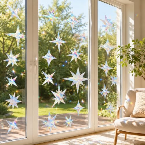 60 Pcs Star Window Decals to Prevent Bird Strikes - Anti-Collision Window Stickers for Birds, Rainbow Vinyl Suncatcher Stickers, Reusable Static Clings for Bird Window Deterrent, No Glue Needed