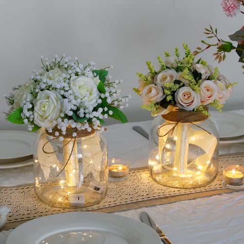 Houmury Glass Vases for Centerpieces Set of 2 Farmhouse Utensils Holder 6 Inch Clear Large Vase with Twine Ties Home Decor for Wedding Living Room Dining Table Office (2)