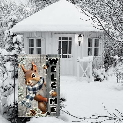 Welcome Garden Flag 12x18inch The Nut Squirrel Winter Garden Flags Yard Porch House Flag Double-Side For Home Outdoor Yard Patio Lawn Decor,Christmas Garden Decorations (RMQ-42, 12"X18")