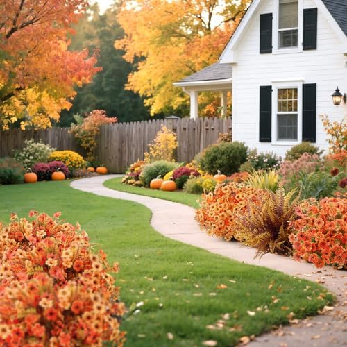 20 Pcs Artificial Fall Flowers for Outdoors Fake Mums, Mixed Orange