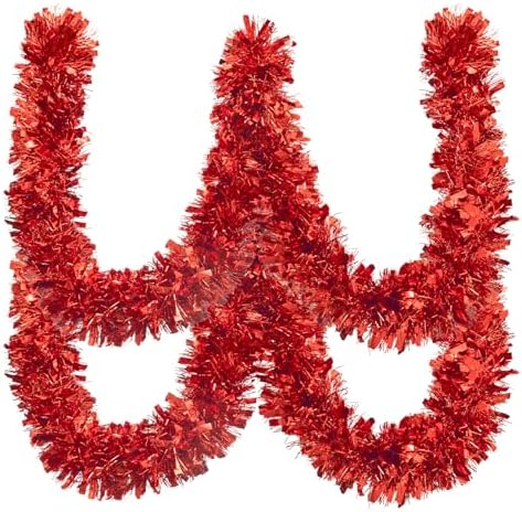 50FT Christmas Tinsel Garland, Red Metallic Twist Foil Tinsel Garland Xmas Hanging Decoration for Christmas Tree Wedding Birthday Home Party Decoration