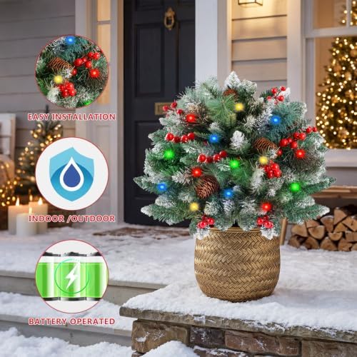 2 Pack Artificial Christmas Urn Filler,Pre-lit Lighted Christmas Tree