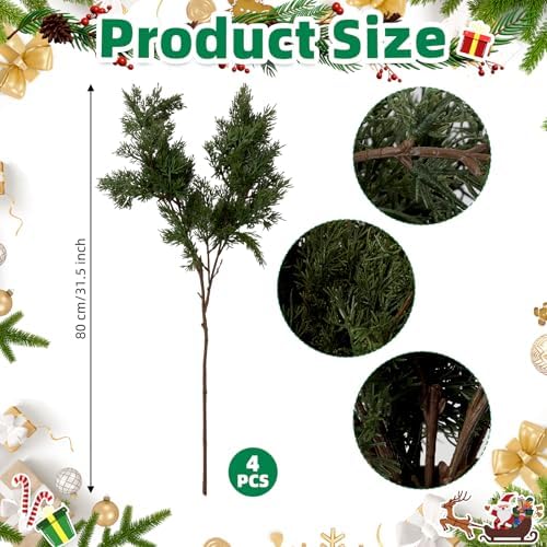 4pcs 31.5inch Artificial Pine Picks Branches Xmas Lifelike Green Faux Stem Fake Norfolk Pine Picks Plants Pine Accessories for Garland Needles Wreath Christmas and Home Vases Garden Decor(Green)