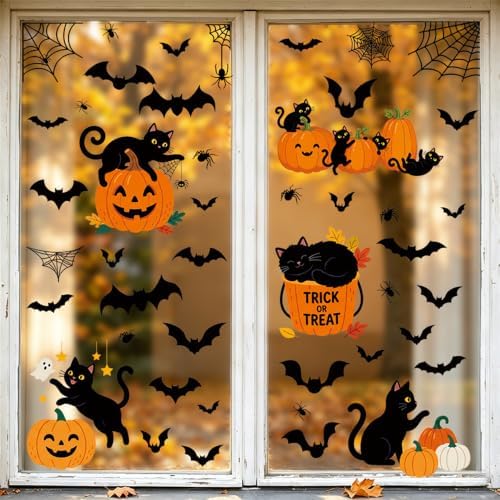 Halloween Black Cat Pumpkin Window Clings, Double Sided Bat Spider Web Stickers for Party