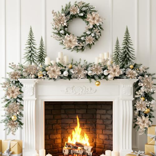 N&T NIETING 24 Pcs Christmas Poinsettia Artificial Flowers & Glitter Berries Stems Kit Christmas Floral Picks Christmas Tree Garland Wreath Filler Ornaments for Home Party Xmas Decor, Champagne Gold