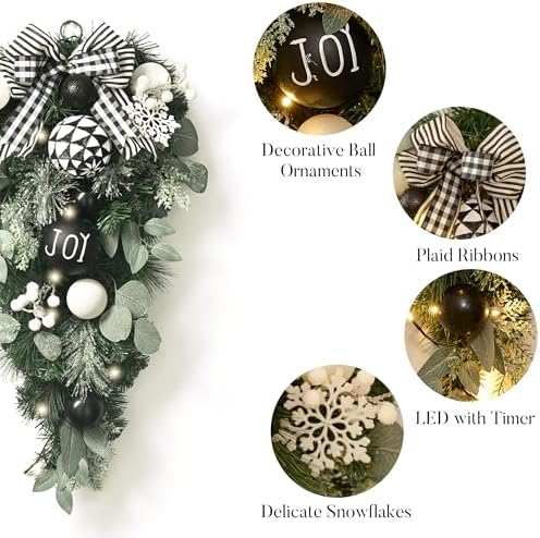 Valery Madelyn 24'' Christmas Teardrop Swag Outdoor Decoration Black White