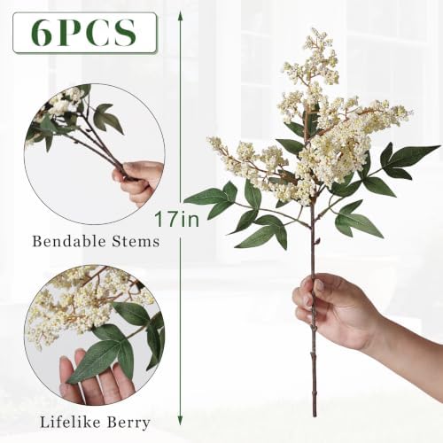 6Pcs 17" Lifelike Artificial Nandina Berry Stems for Vase Decor(Beige)