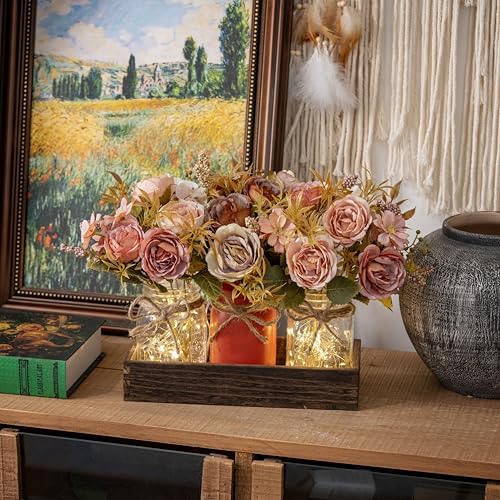 LUEUR Mason Jar Centerpiece with Artificial Fall Rose Flowers