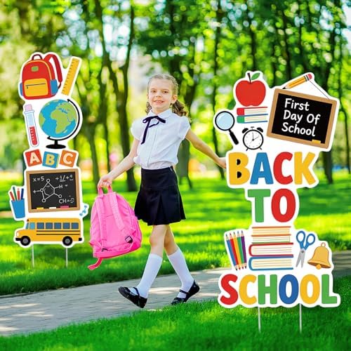 2 Pieces Back to School Yard Signs Large First Day of School Lawn Sign with Stakes Outdoor School Decorations Waterproof Lawn Stakes for Garden Lawn Yard Party Decoration and Supplies