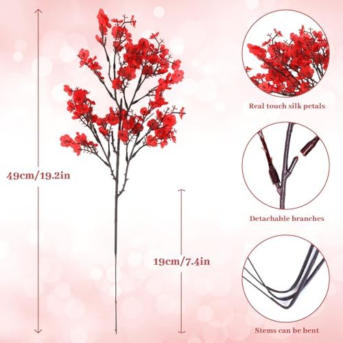 Uieke 30 Pcs Valentine’s Day Artificial Baby’s Breath Flowers, Red Pink Faux Gypsophila Bouquets Real Touch Silk Fake Flowers for Romantic Wedding, Anniversary, Party, Home Table Centerpiece Décor