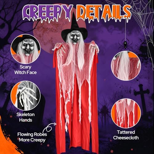 3 Pack 4 Foot Hanging Witch Halloween Decorations, Large Scary Witches with Witch Hats, Long Hair, Skeleton Hands & Tattered Robes, Hanging Halloween Decor for Indoor Outdoor Yard Porch Haunted House