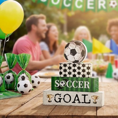Smile Soccer Wooden Block Decor Set, 4-Piece SOCCER GOAL & Tiered Tray Tabletop Signs with Soccer Ball Figurine for Game Day & Sports Party Decorations