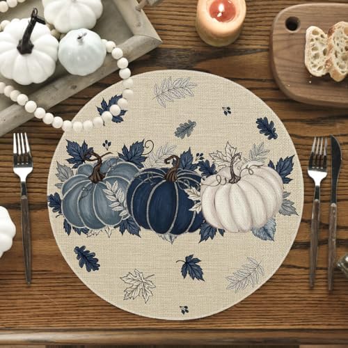 Artoid Mode Navy Blue Pumpkins Round Fall Placemats Set of 4-14 Inch
