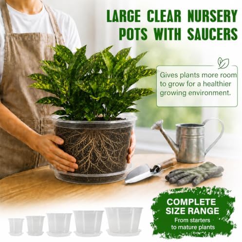 MIXC 12/10/8/6/5 Inch 20 Pack Clear Nursery Pots with Drainage & Sacuer
