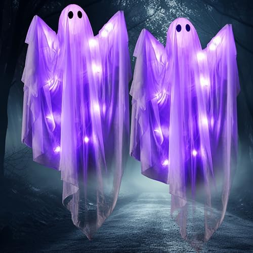 JOYIN 2 Pcs 47” Halloween Hanging Light up Ghost Decorations Outdoor, Halloween White Hanging Ghosts with Purple LED Lights for Haunted House Prop, Party Supplies, Front Yard Patio Garden Decor