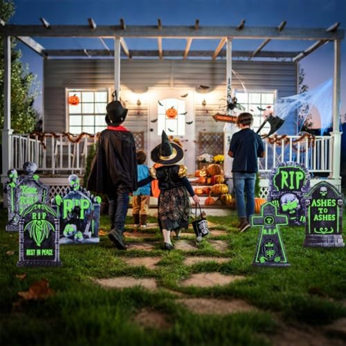 Halloween Decorations Outdoor Tombstone Yard Sign with Stakes 6PCS Glow in the Dark Waterproof Graveyard Tombstones Scary Zombie Theme Halloween Outdoor Decor for Family Home Front Yard Lawn Garden