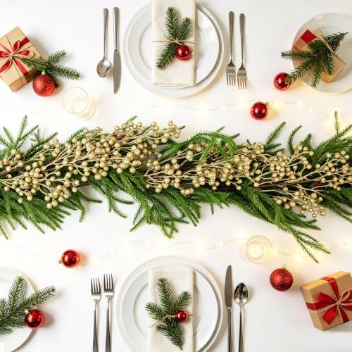 Fangoo Artificial Red Berry Stems, 6 PCS, 19.7 Inch, Burgundy Holly Berry Picks Branches for Christmas Tree, Wedding, Holiday Winter Decor (Gold)