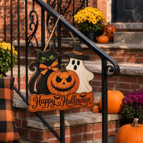 Halloween Door Sign, Wooden Black Cat Ghost Pumpkin Happy Halloween Wreath