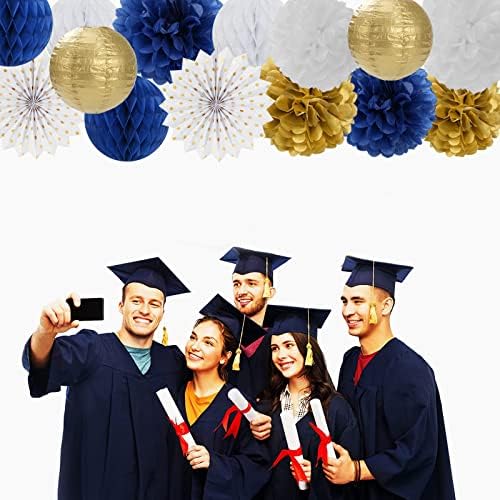 Navy-Blue White Gold Party Decorations - 14pcs Kits Paper Lanterns Fan,Tissue Flower Pom Poms Streamers,Honeycomb Balls,Graduation 2026 Men Birthday Wedding Baby Bridal Shower Decor Lasting Surprise