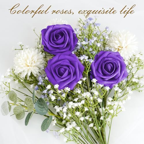 BLEUM CADE 16Pcs Artificial Flowers Fake Foam Roses with Stems for Wedding