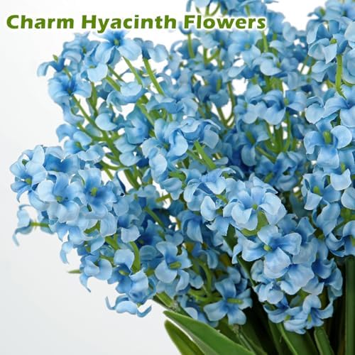 Oairse 5Pcs Small Artificial Flowers, Silk Blue Flowers with Stems Faux Hyacinth Flower for Centerpiece Spring Floral Stems for Vases Fillers Farmhouse Fake Wildflowers for Home Kitchen Table Decor