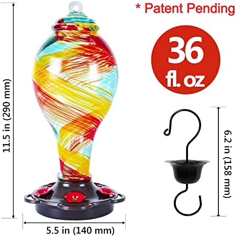 LUJII Hand Blown Glass Hummingbird Feeder for Outdoors Hanging with Ant Moat, 36 fl.oz, Leak Proof & Rustproof, Metal Base with 5 Feeding Ports & 5 Perches, Unique Garden & Backyard Decor (Ribbon)