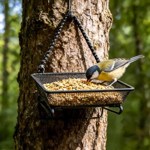 Set of 2 Metal Platform Bird Feeder Tray with 4 Fixed Elastic Rope for Outdoor,7 inch Deck Railing Bird Feeder Tray for Balcony, Backyard,Rust Resistant Design for Wild Birds or Squirrels, Square