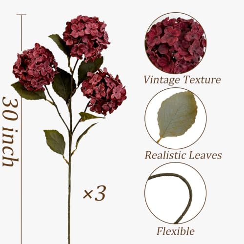 Thewe Burgundy Hydrangea Artificial Flowers – 30" Long Stem Vintage Fake Flowers, 3 Pcs, Real-Touch Silk Blooms for Rustic Home Decor, Farmhouse Wedding, Party Centerpieces, DIY Crafts
