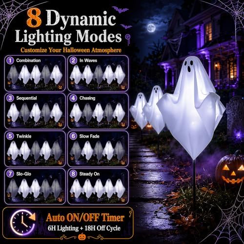 10 Pack Pre-Lit Halloween Ghost Pathway Lights w/ 240 LEDs & 8 Modes