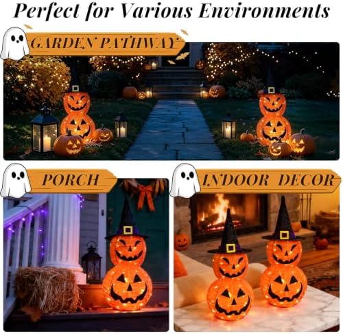 Halloween Decorations Lighted Jack‑O'‑Lantern Pumpkin with Witch Hat, Collapsible LED Light Up Pumpkin with Timer Battery Operated, Halloween Yard Porch Indoor Outdoor Garden Pathway Holiday Decor