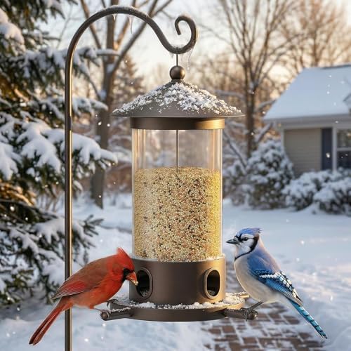 MrCrafts Metal Bird Feeder for Outdoor Hanging - Premium Iron Wild Bird Feeders, Bronze Heavy Duty Iron with Drainage Holes, One-Handed Refill Sliding Roof, Elegant Minimalist Garden Decor
