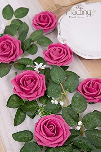 MACTING 30PCS Hot Pink Artificial Roses with Stems, Real Touch Foam Flowers