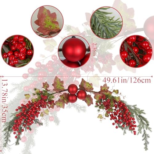 Christmas Swag for Front Door 49" Artificial Door Swag Xmas Decorative with Red Berries Xmas Balls Christmas Swags for Stair Fireplace Mantle Mailbox Window Holiday Decor
