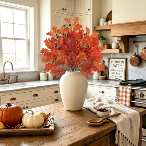 Faux Oak Leaf Branches with Acorns, 2Pcs Fall Stems for Vase, Burnt Orange
