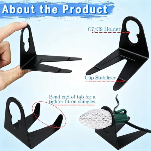 200 Pack Christmas Light Clips, Sit-to-Stand Gutter Shingle Tabs Christmas Light Hooks, Work with C7, C9 for Holiday String Light Outdoor, Roof, Roofline, Rooftop, Pack of 200