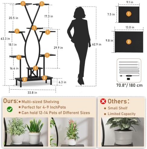JUSTOGO Plant Stand Indoor with Grow Lights - 9 Tiered Tall Plant Shelf