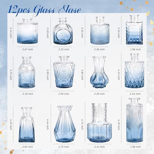 Der Rose 12pcs Glass Bud Vases, Blue Vases for Wedding Centerpieces Decor
