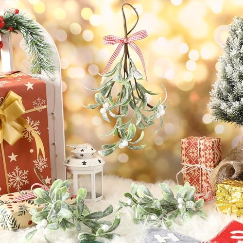 XunYee 12 Pcs Christmas Mistletoe Hanging Picks with Bow, White Berries