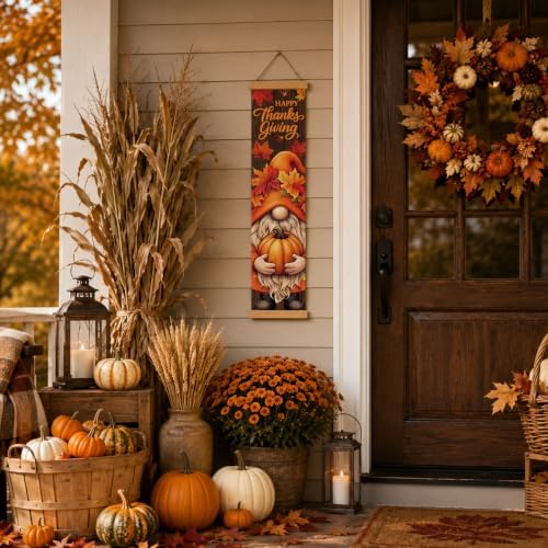 Thanksgiving Door Banner, Gnome Pumpkin Canvas Banner for Front Porch