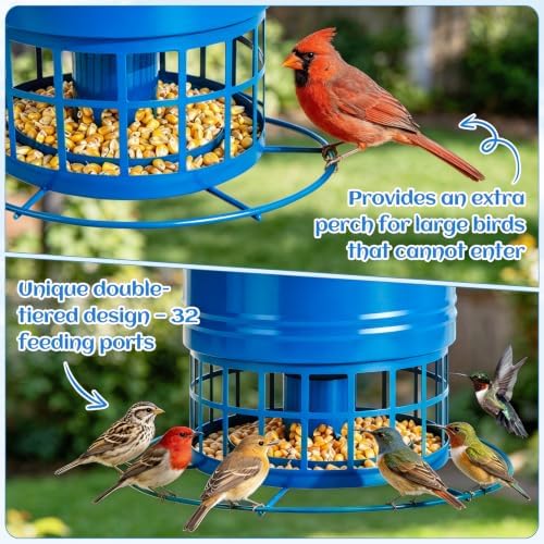 Bird Feeder for Outdoors, Squirrel Proof Bird Feeder for Outside 10LB Metal Caged Wild Bird Feeder with 32 Feeding Ports, Hanging Birdfeeder for Small Birds, Cardinals, Bluebirds, Finches (Blue)