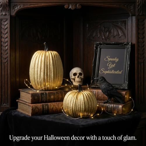 Gold Halloween Pumpkin Decor, Small Resin Pumpkins Set of 2