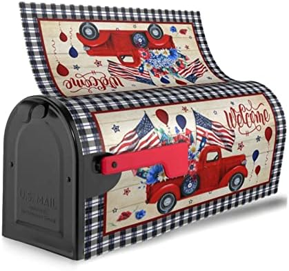 July 4Th Independence Day Mailbox Cover Magnetic Standard Size 18x21 Inch USA Patriotic American Flag Welcome Red Truck Wraps Post Letter Box for Home Garden Yard Decor