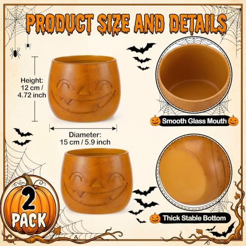2 Pcs Halloween Terracotta Jack-o'-Lantern Pumpkin Bucket Vase Decor