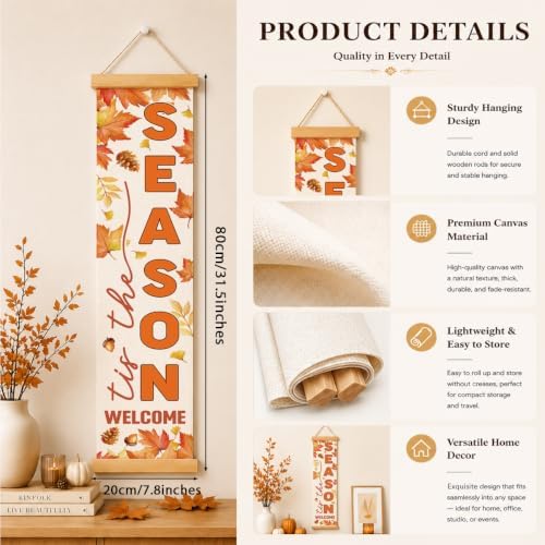 Fall Door Banner, Tis the Season Maple Leaf Canvas Sign for Front Porch
