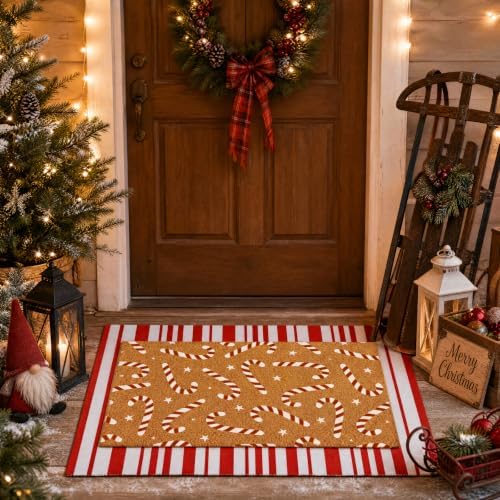 Tinideya 2 Pcs Christmas Layered Doormat Set, Candy Cane