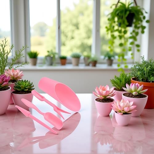 4 Pcs Pink Set Mini Garden Soil Spoon Plastic Planting/Transplanting Garden Tool Set Indoor Mini Garden Plant Care Shovel Soil Cup Bucket Shovel Transplanting Tool Gardening Shovels