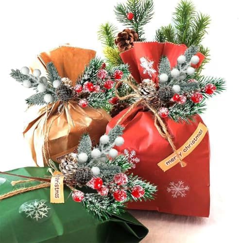 Artificial Pine Cones Picks with Red White Berries and Holly Leaves - Frosted Snow Christmas Greenery Stems for DIY Holiday Wreaths, Centerpieces, Winter Crafts and Home Decor (10)